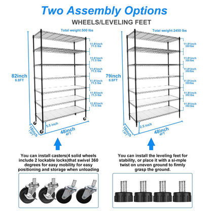 7 Tier Wire Shelving Unit 2450 LBS NSF Height Adjustable Metal Garage Storage Shelves with Wheels Black - FurniFindUSA