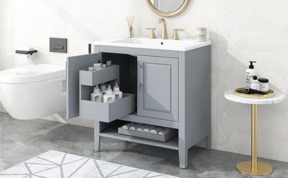 30" Bathroom Vanity with Sink, Multi-functional Bathroom Cabinet with Doors and Drawers, Solid Frame and MDF Board, Grey - FurniFindUSA