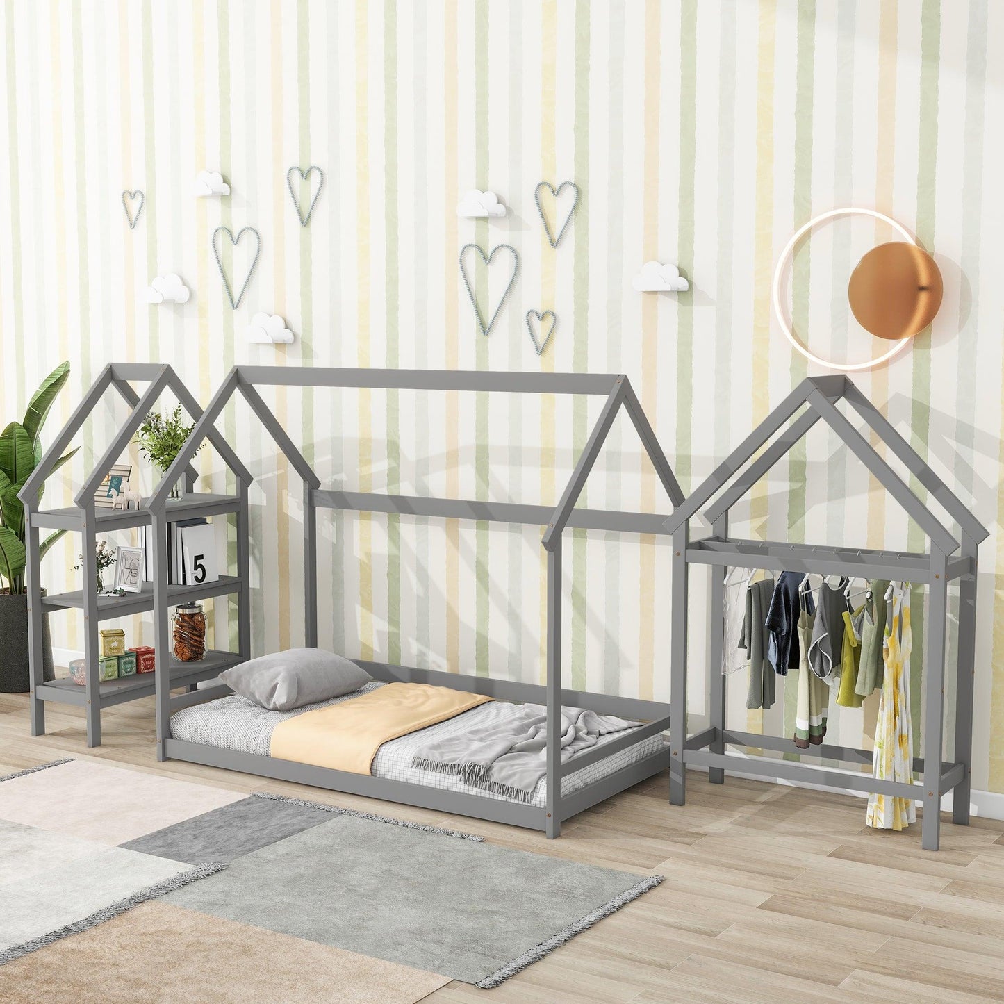 Twin House-Shaped Floor Bed with 2 Detachable Stands Grey - FurniFindUSA