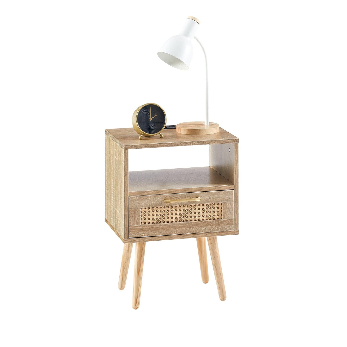 15.75" Rattan End table with Power Outlet & USB Ports Modern nightstand with drawer and solid wood legs - FurniFindUSA