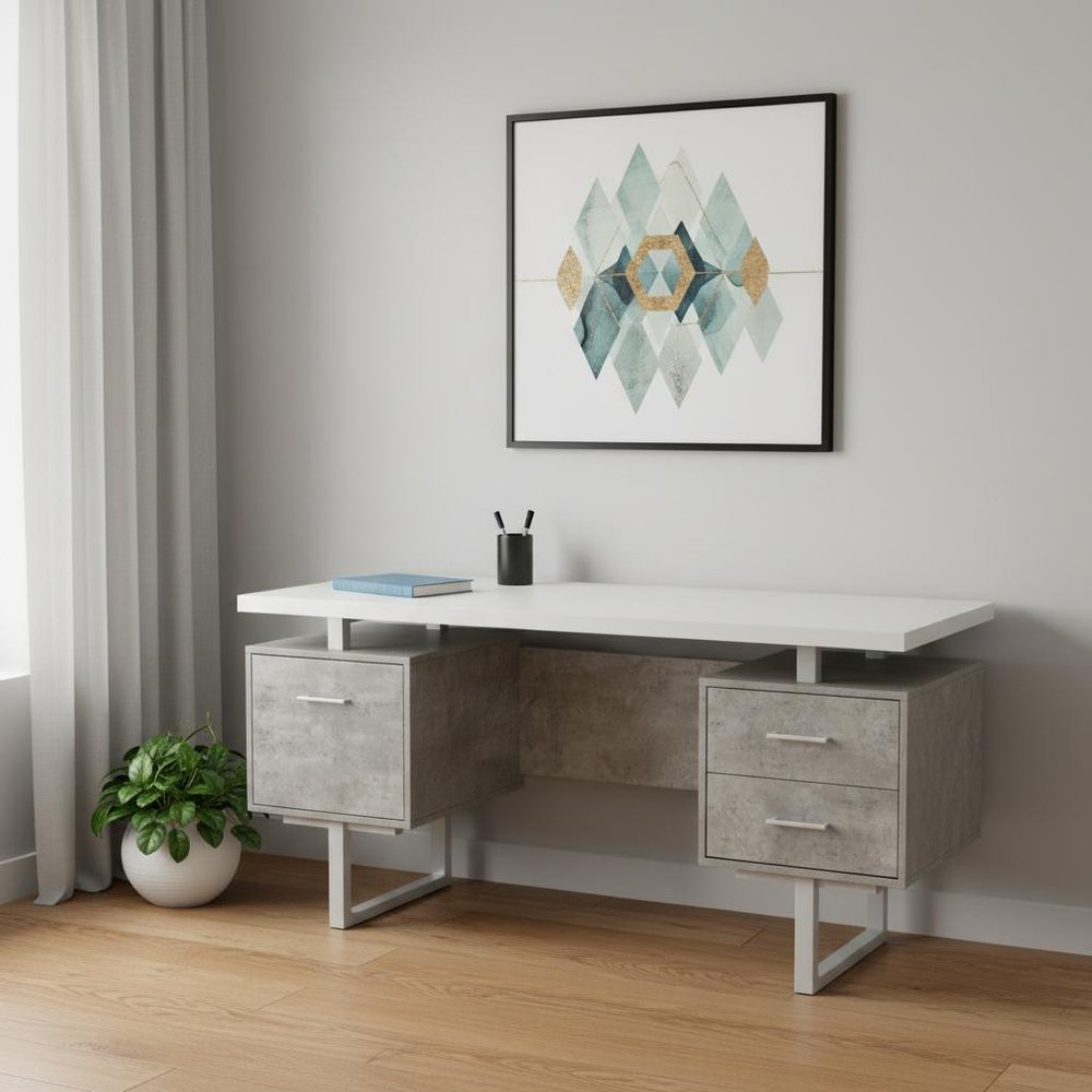 60" White and Gray Computer Desk With Three Drawers HomeRoots