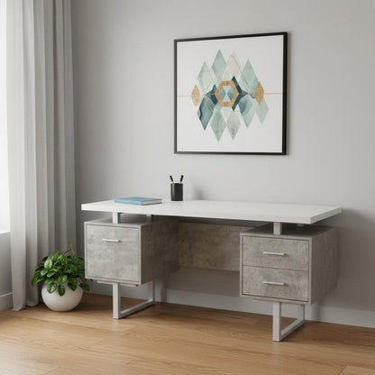 60" White and Gray Computer Desk With Three Drawers HomeRoots