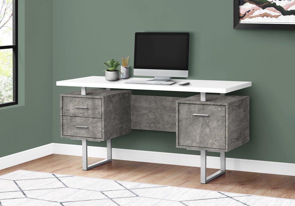 60" White and Gray Computer Desk With Three Drawers HomeRoots