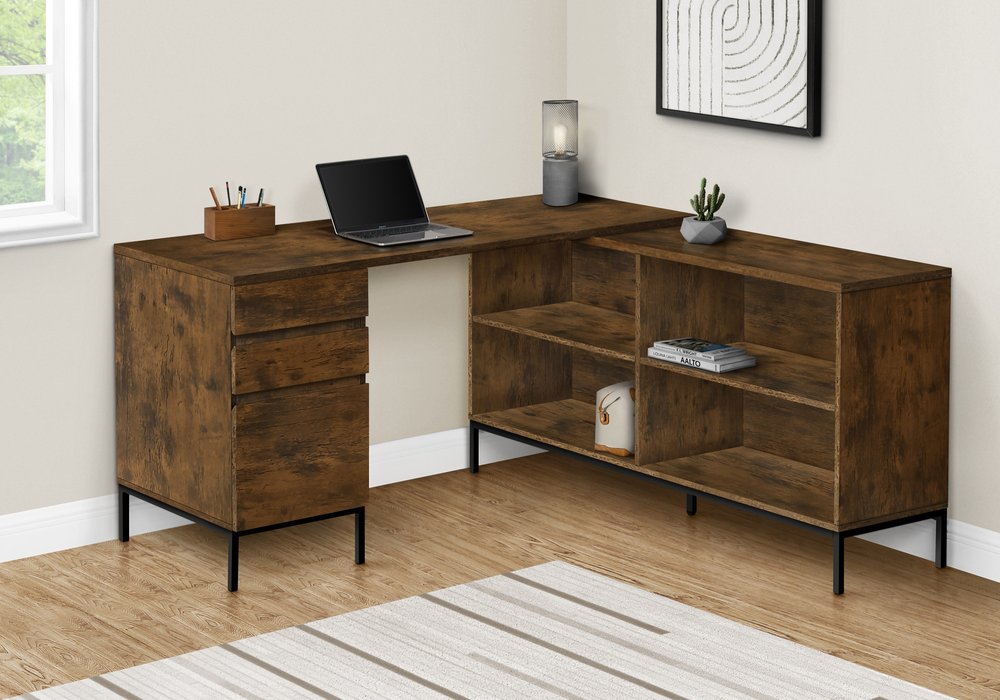 60" Brown and Black L Shape Computer Desk With Three Drawers HomeRoots