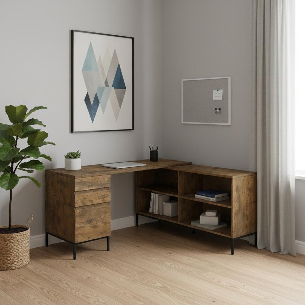 60" Brown and Black L Shape Computer Desk With Three Drawers HomeRoots