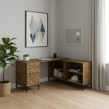 60" Brown and Black L Shape Computer Desk With Three Drawers HomeRoots