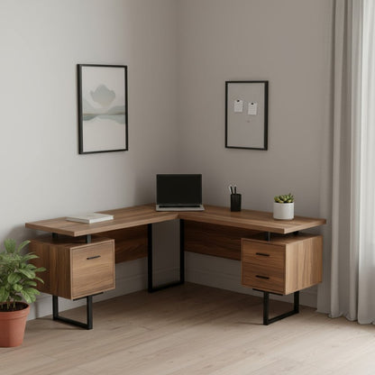 71" Brown and Black L Shape Computer Desk With Three Drawers HomeRoots