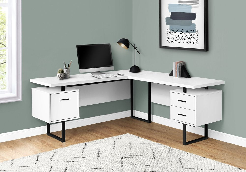 71" White and Black L Shape Computer Desk With Three Drawers HomeRoots