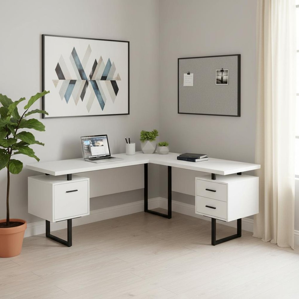 71" White and Black L Shape Computer Desk With Three Drawers HomeRoots