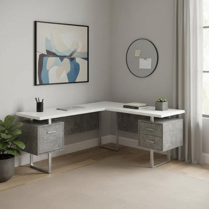 71" White and Gray L Shape Computer Desk With Three Drawers HomeRoots