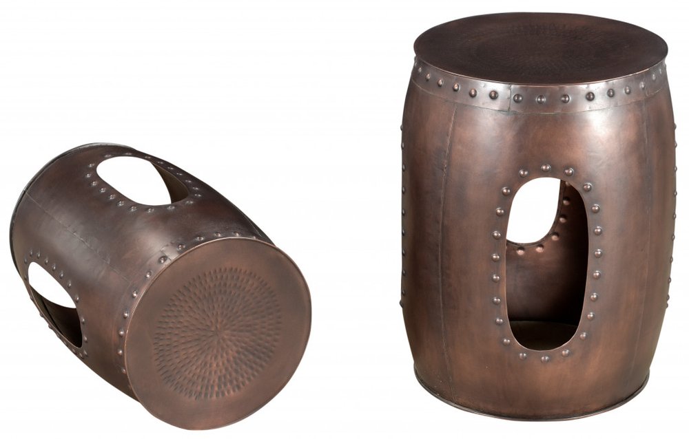 Set of Two Copper Iron Round Drum End Tables — view 1