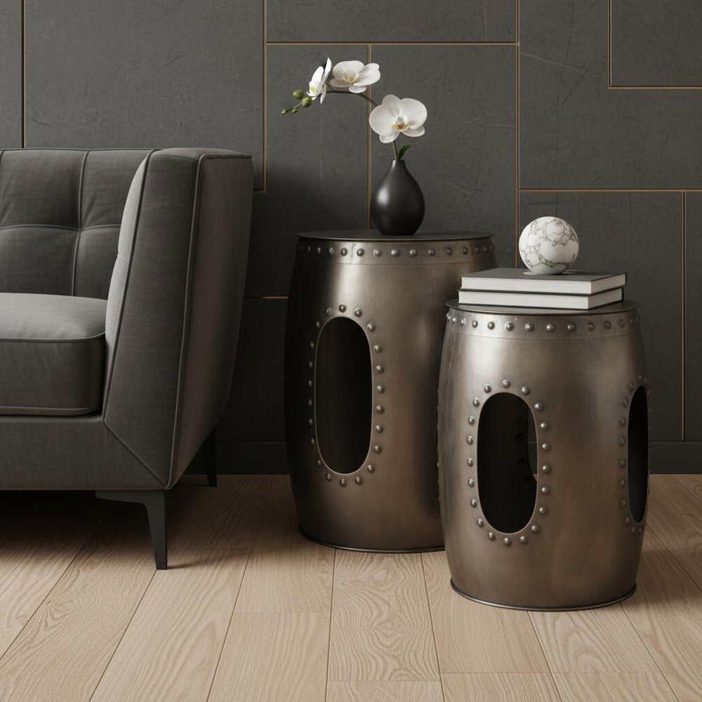 Set of Two Nickel Iron Round Drum End Tables HomeRoots