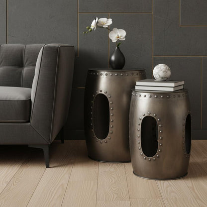 Set of Two Nickel Iron Round Drum End Tables HomeRoots