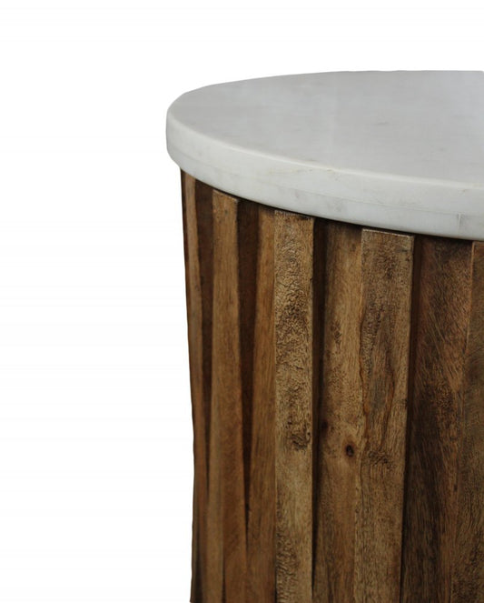 20" Brown And Ivory Marble And Solid Wood Round End Table HomeRoots