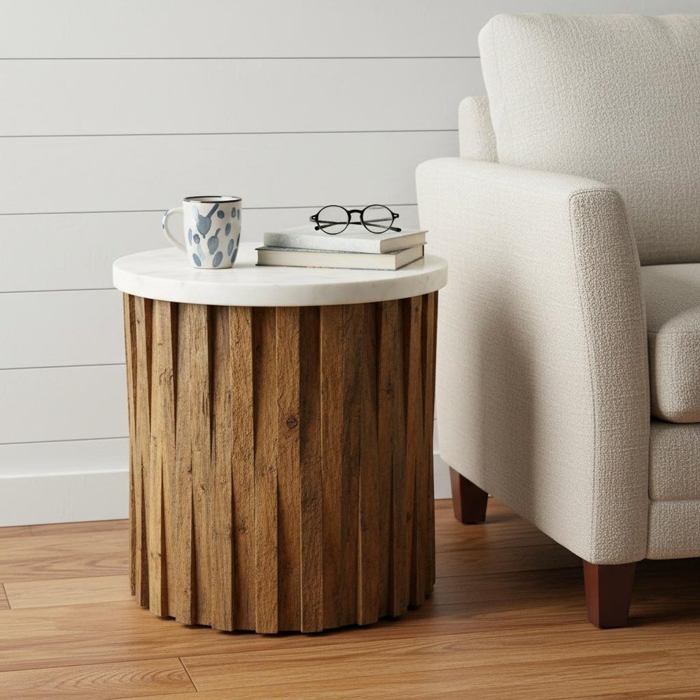 20" Brown And Ivory Marble And Solid Wood Round End Table HomeRoots