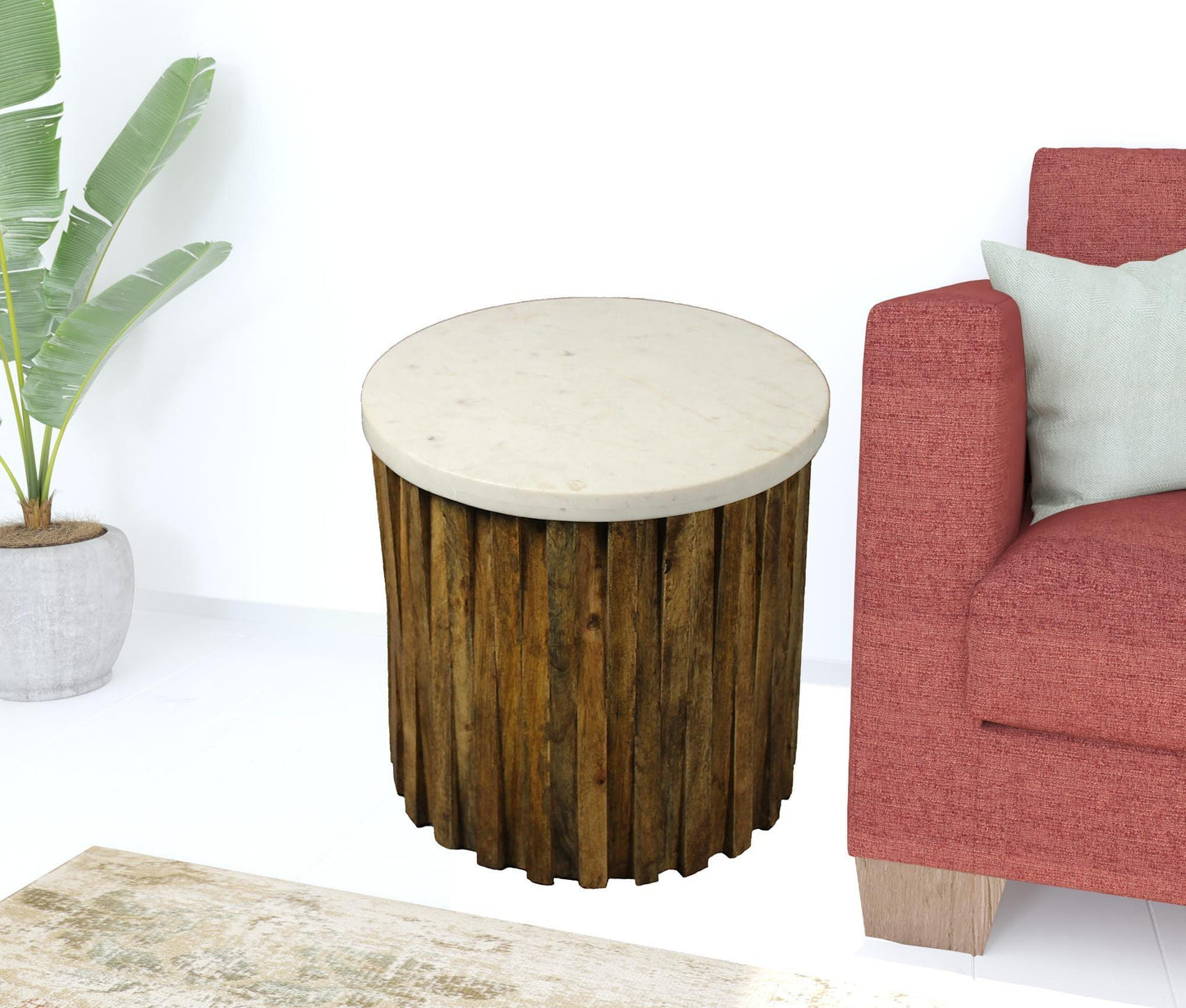 20" Brown And Ivory Marble And Solid Wood Round End Table - FurniFindUSA