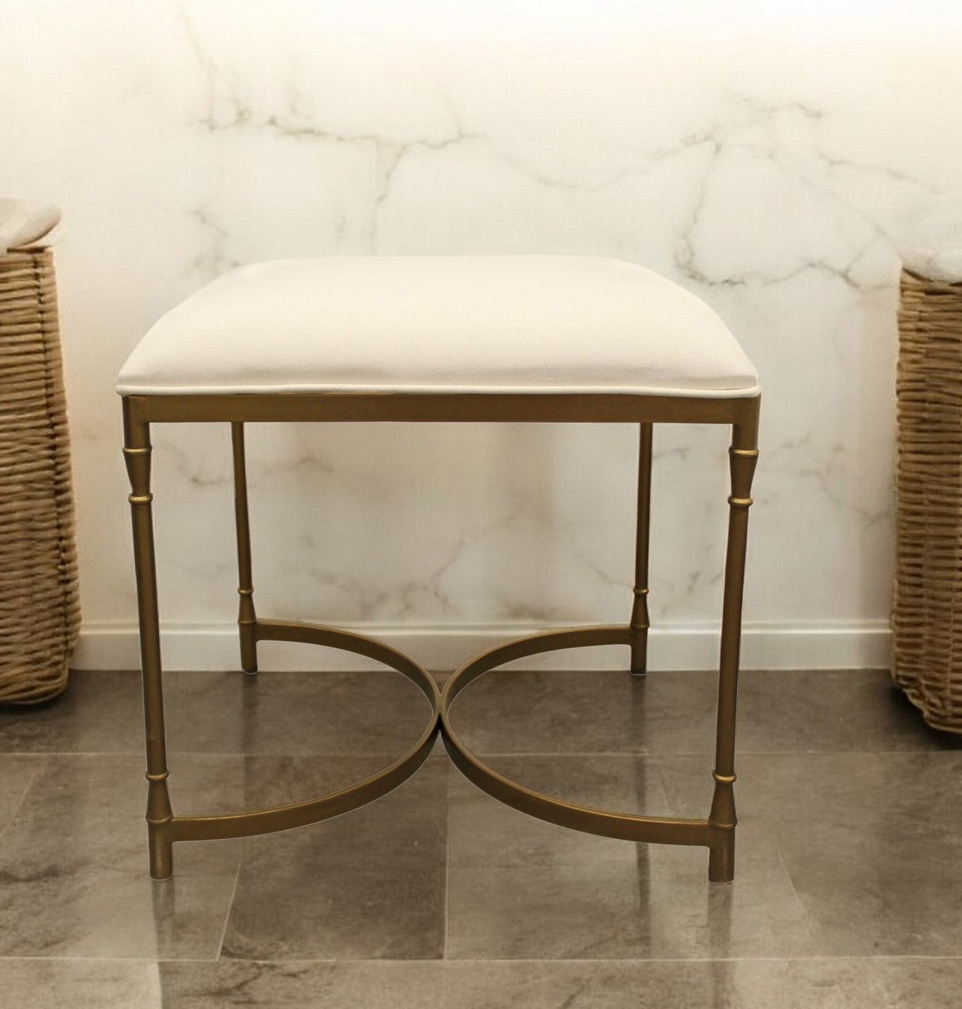 20" Ivory Canvas and Brass Ottoman