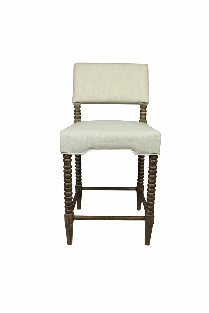 26" Off White And Brown Fabric And Linen And Wood Counter Height Bar Chair — view 1