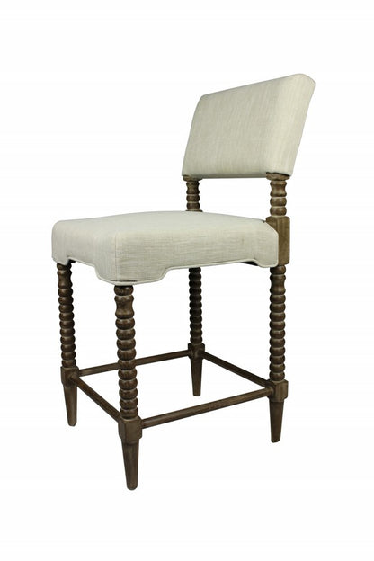 26" Off White And Brown Fabric And Linen And Wood Counter Height Bar Chair HomeRoots