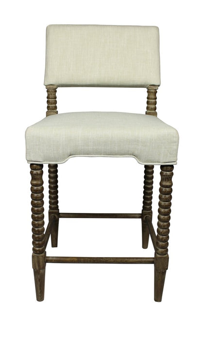 26" Off White And Brown Fabric And Linen And Wood Counter Height Bar Chair HomeRoots