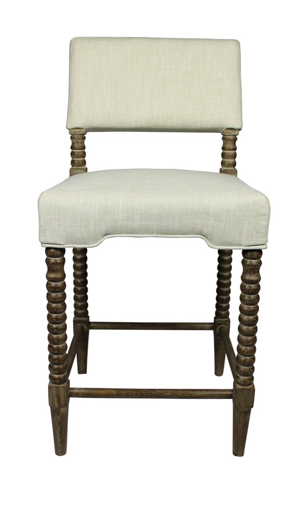 26" Off White And Brown Fabric And Linen And Wood Counter Height Bar Chair HomeRoots
