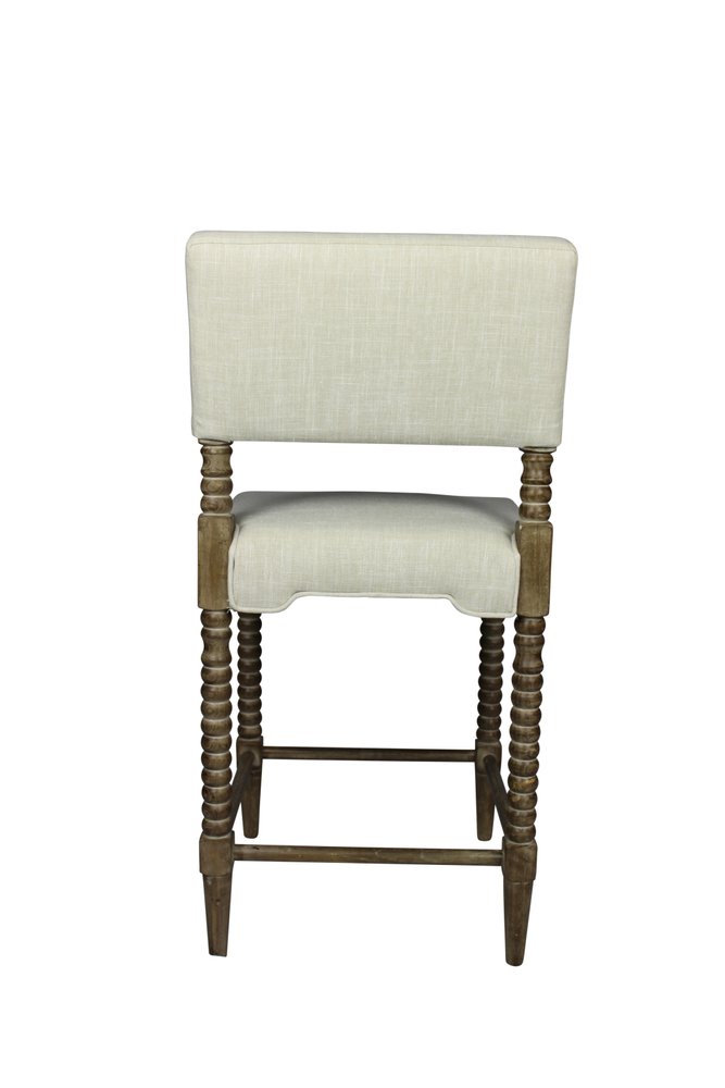26" Off White And Brown Fabric And Linen And Wood Counter Height Bar Chair — view 4