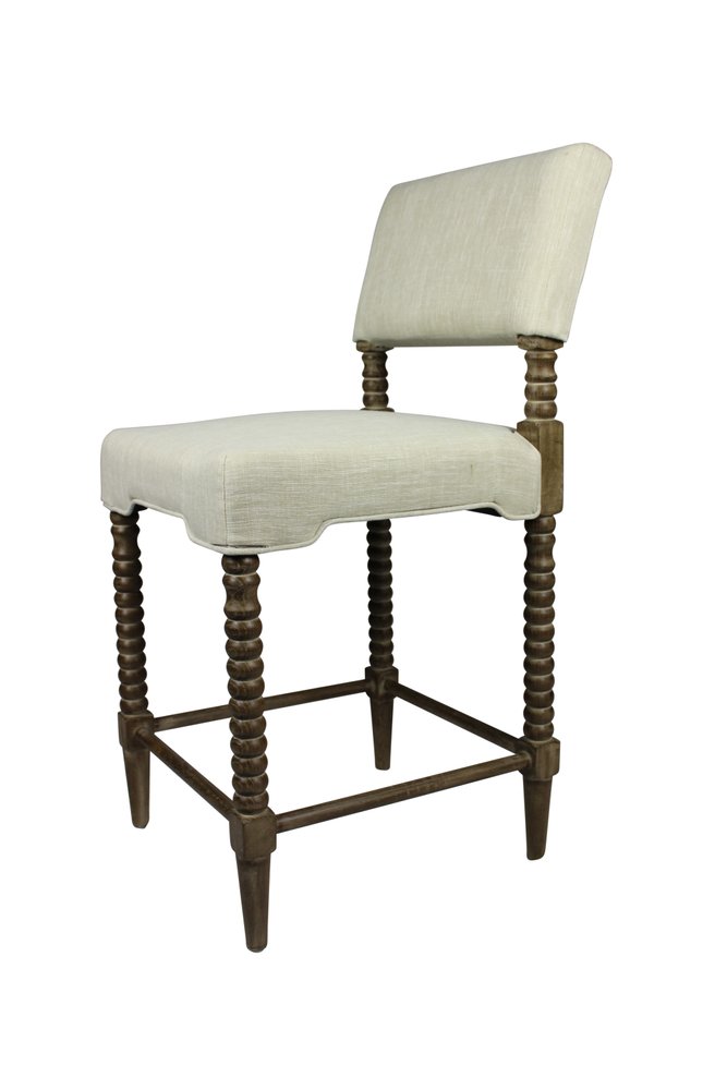 26" Off White And Brown Fabric And Linen And Wood Counter Height Bar Chair HomeRoots