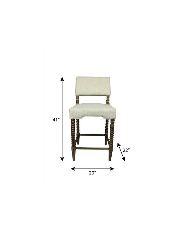 26" Off White And Brown Fabric And Linen And Wood Counter Height Bar Chair — view 7