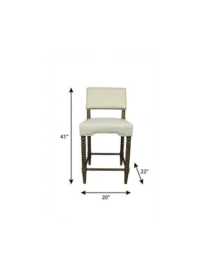 26" Off White And Brown Fabric And Linen And Wood Counter Height Bar Chair HomeRoots