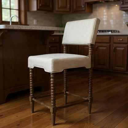 26" Off White And Brown Fabric And Linen And Wood Counter Height Bar Chair HomeRoots