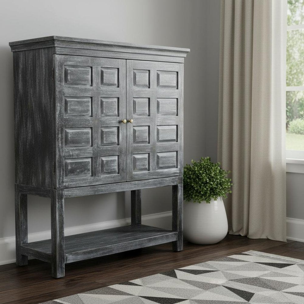 40" Distressed Wash Dark Gray Solid Wood Two Door Accent Cabinet HomeRoots