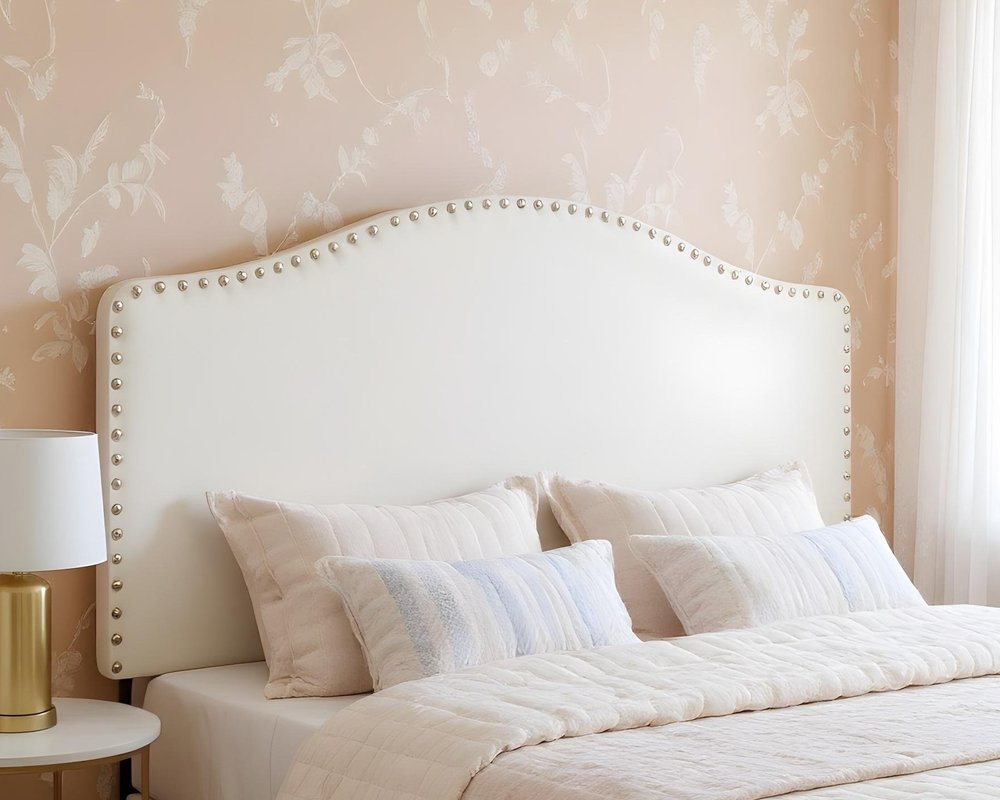 White Faux Leather Upholstered Arched Queen Headboard With Nail Head Trim HomeRoots