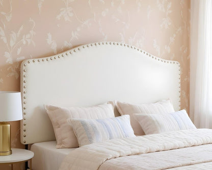 White Faux Leather Upholstered Arched Queen Headboard With Nail Head Trim HomeRoots