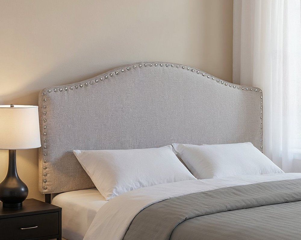 Gray Linen Blend Upholstered Arched Full Headboard With Nail Head Trim HomeRoots