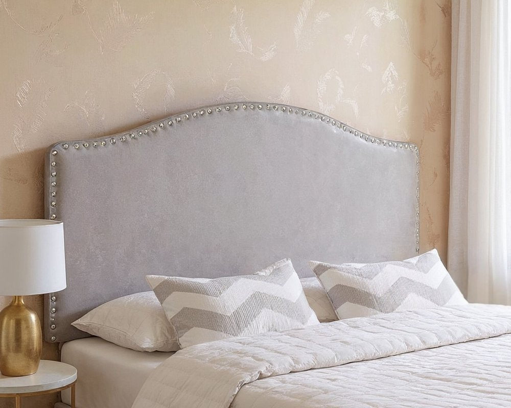 Gray Faux Leather Upholstered Arched Queen Headboard With Nail Head Trim HomeRoots