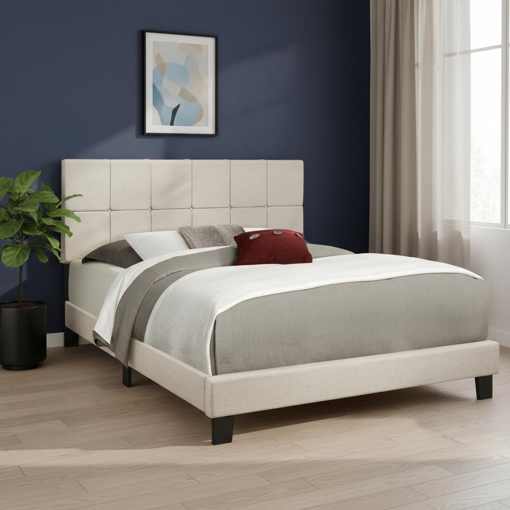 Beige Tufted Linen Queen Bed Frame HomeRoots