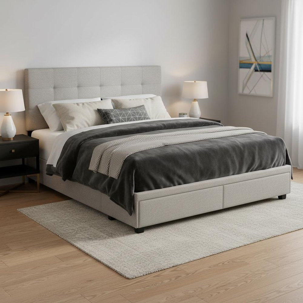 Gray Tufted Linen Upholstered Queen Bed Frame With Drawers — view 8