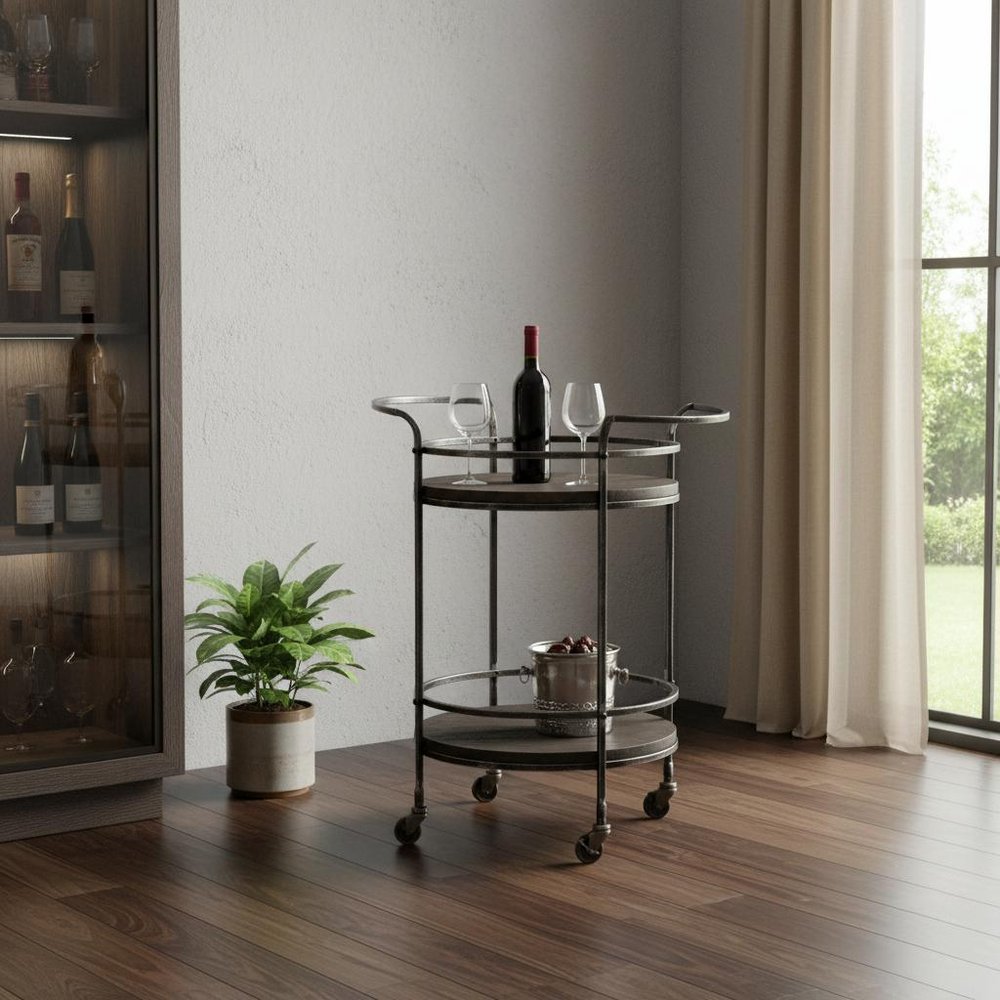 Dark Gray Iron And Solid Wood Round Rolling Bar Cart HomeRoots