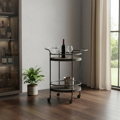 Dark Gray Iron And Solid Wood Round Rolling Bar Cart HomeRoots