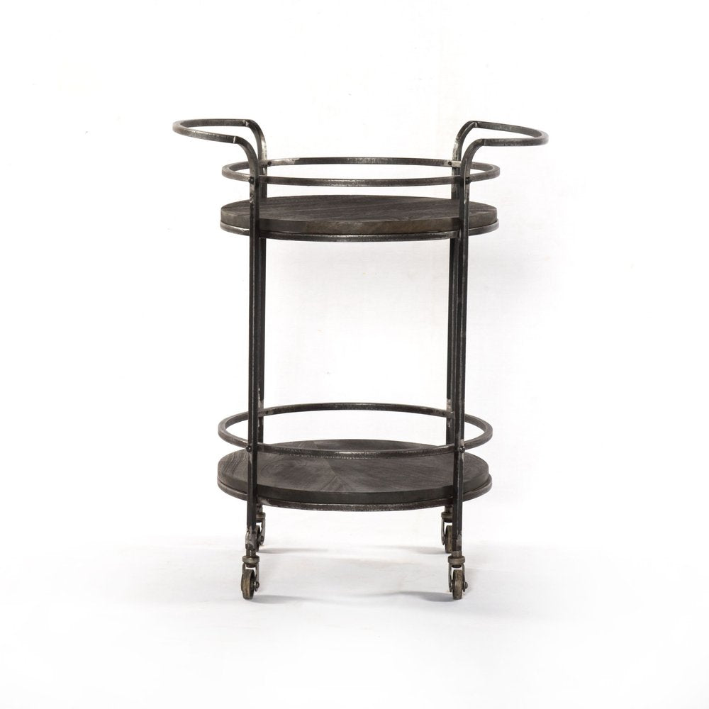 Dark Gray Iron And Solid Wood Round Rolling Bar Cart HomeRoots