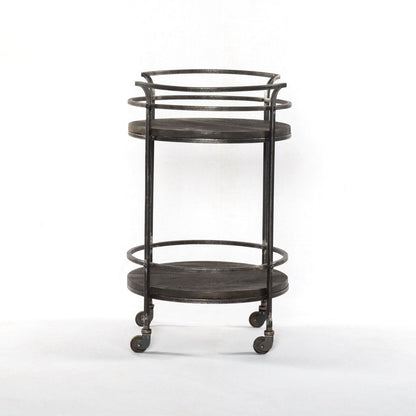 Dark Gray Iron And Solid Wood Round Rolling Bar Cart HomeRoots
