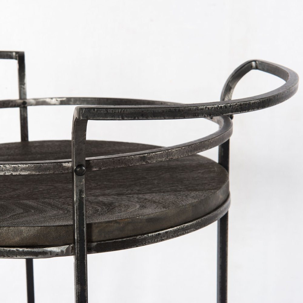 Dark Gray Iron And Solid Wood Round Rolling Bar Cart HomeRoots
