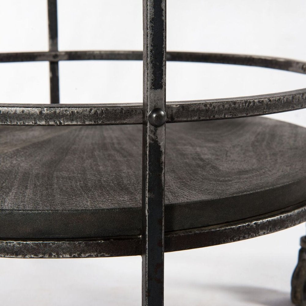 Dark Gray Iron And Solid Wood Round Rolling Bar Cart HomeRoots