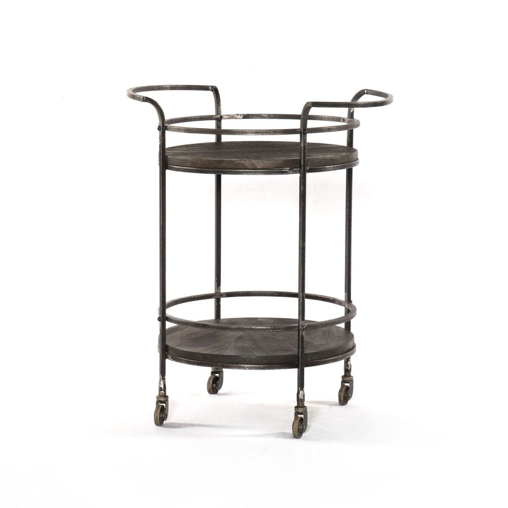 Dark Gray Iron And Solid Wood Round Rolling Bar Cart HomeRoots