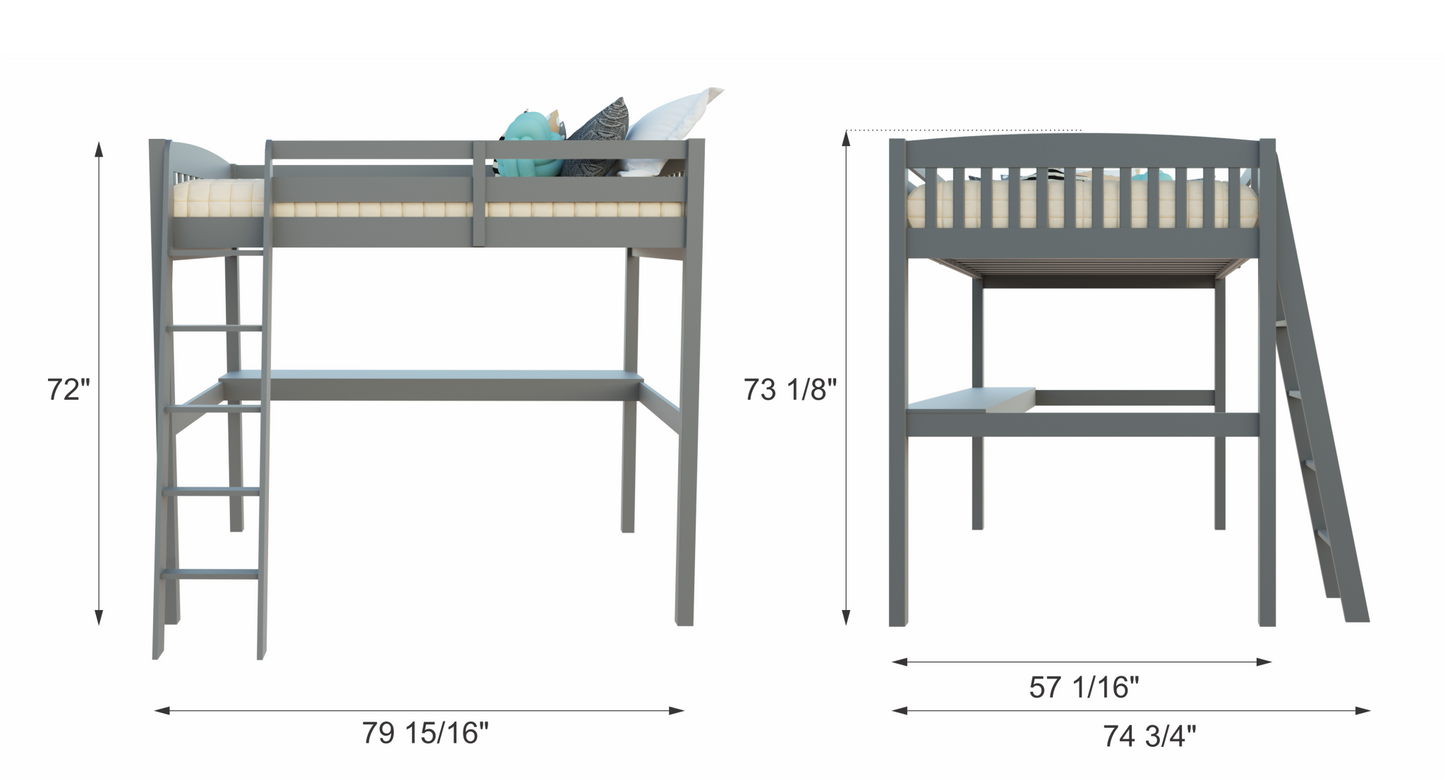 Gray Solid Wood Full Double Size Loft Bed with Desk and Storage