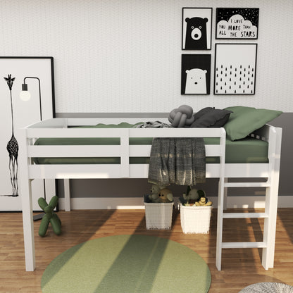 White Solid Wood Full Double Size Low Loft Bed