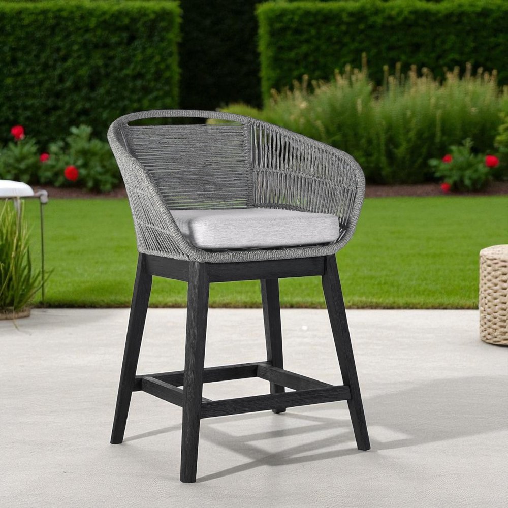 38" Light Gray Solid Wood Low back Outdoor Bar Height chair with Footrest HomeRoots