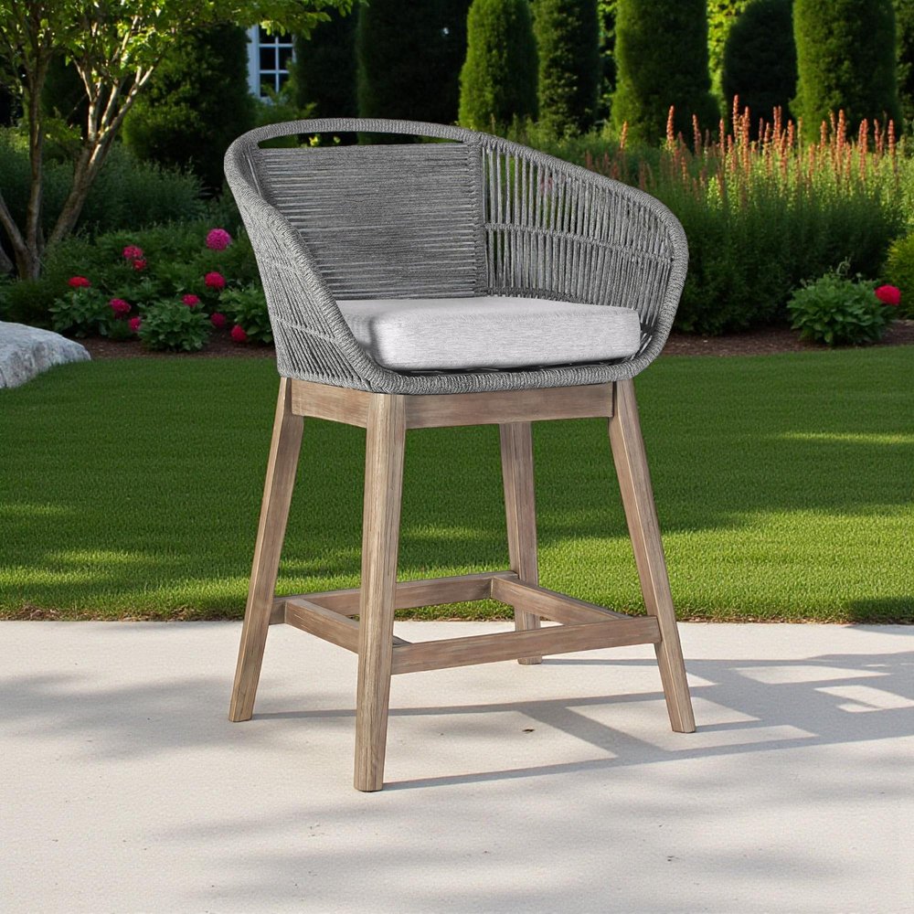 38" Light Gray Solid Wood Low back Outdoor Bar Height chair with Footrest HomeRoots
