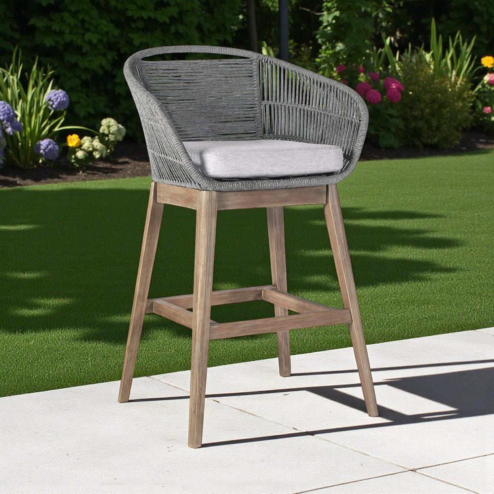 43" Gray Solid Wood Low back Outdoor Bar Height chair with Footrest HomeRoots