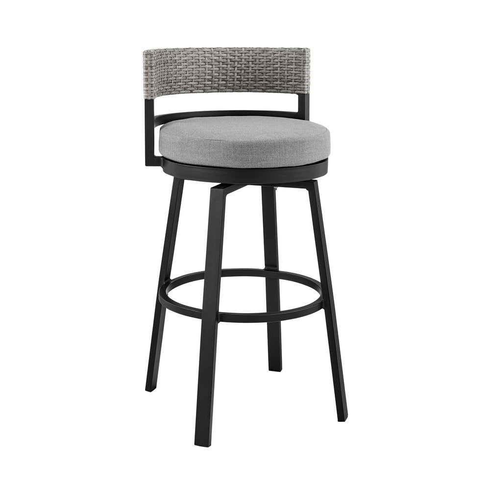 33" Light Gray Metal Swivel Low back Outdoor Bar Height chair with Footrest HomeRoots